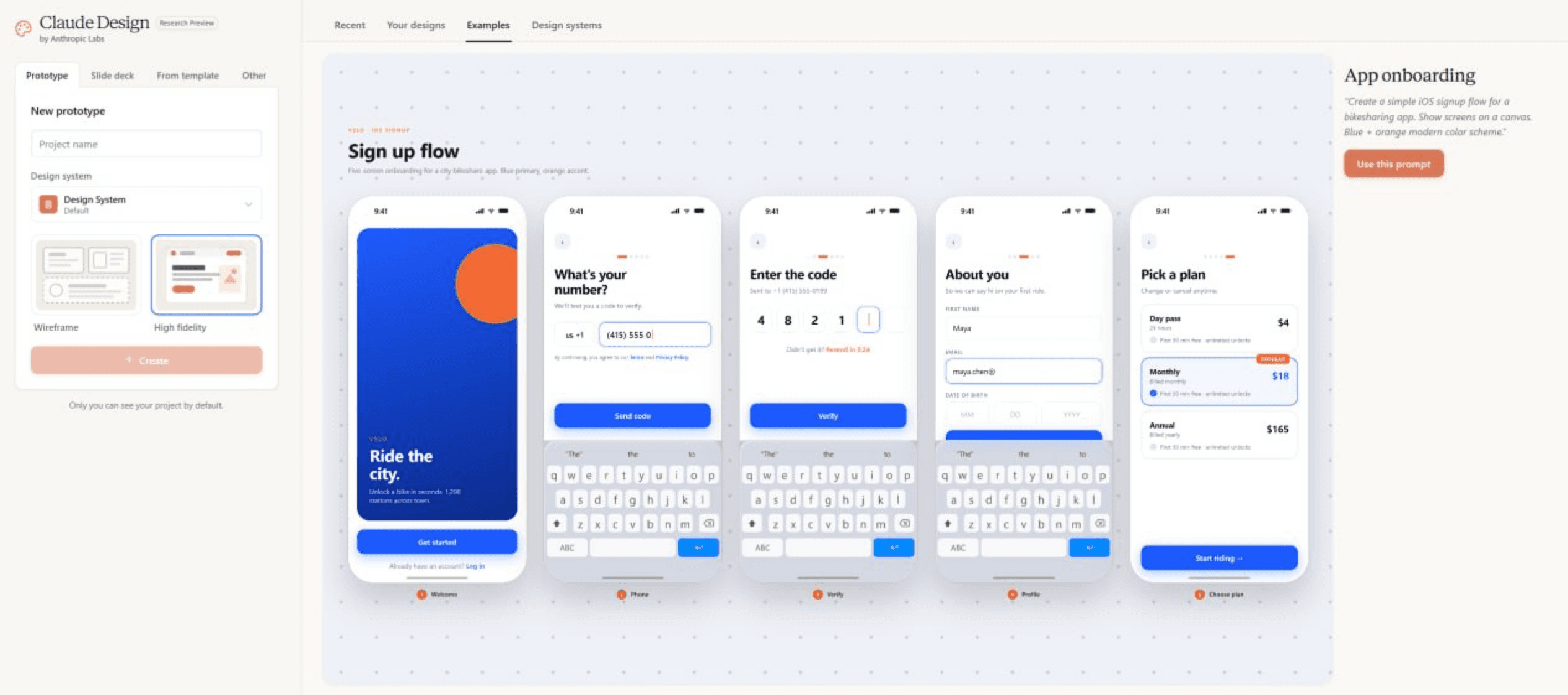 Interfaz de Claude Design con ejemplo de flujo de onboarding para una app